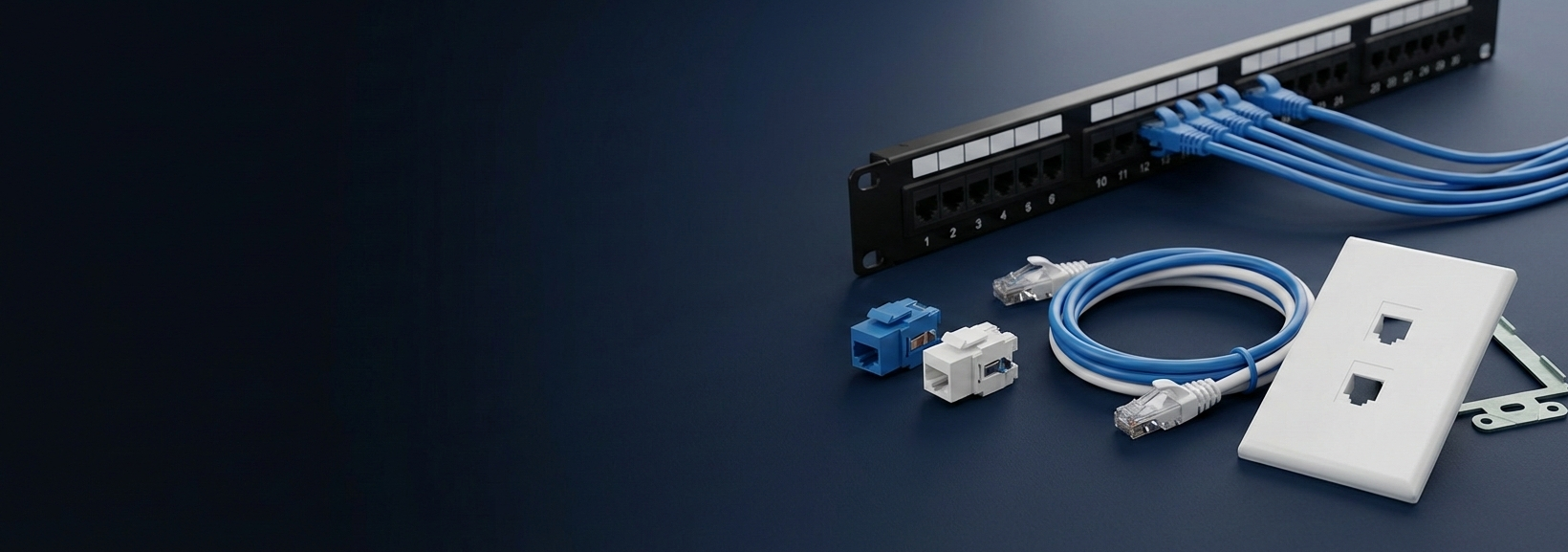 Network cable patch panel with blue cables and connectors on a dark background