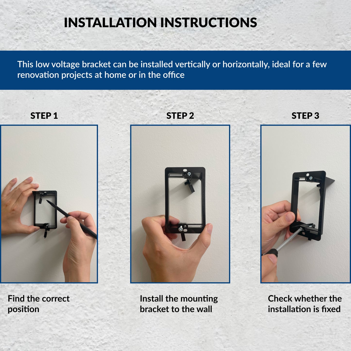 1-Gang Low Voltage Retrofit Mounting Bracket for Drywall, Non-Metallic Old-Work Bracket for Low-Voltage Wall Plates & Cable Pass-Throughs